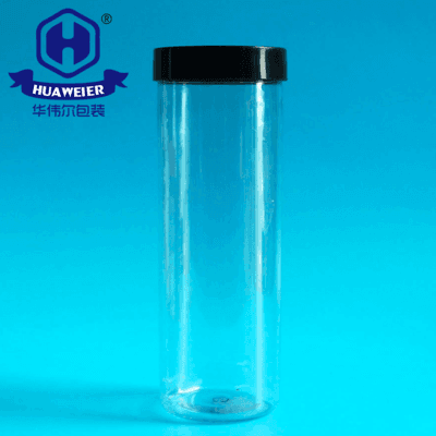 16OZ 460ML High Cylinder Shape Black Plastic Screw Cap With Clear PET Jar For Dry Tea